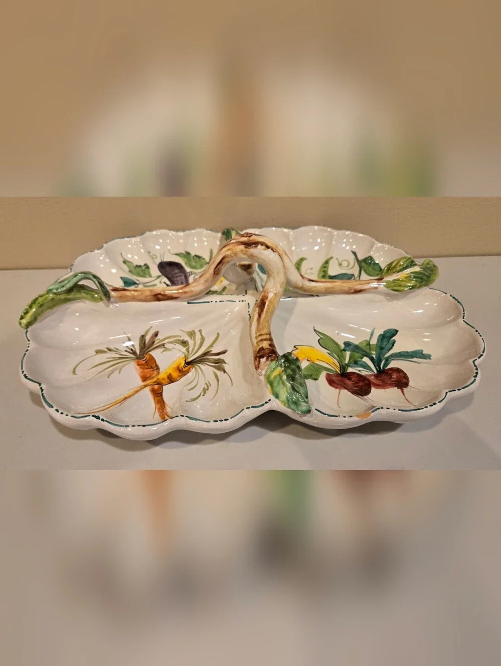 Hand-Painted Italian Porcelain Divided Serving Platter - Garden Veggie Motif